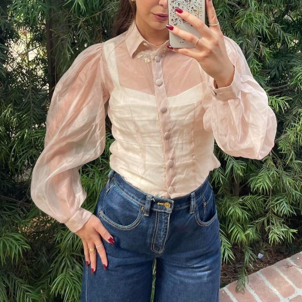 Beautiful sheer cream balloon sleeve blouse sz s - Picture 3 of 7